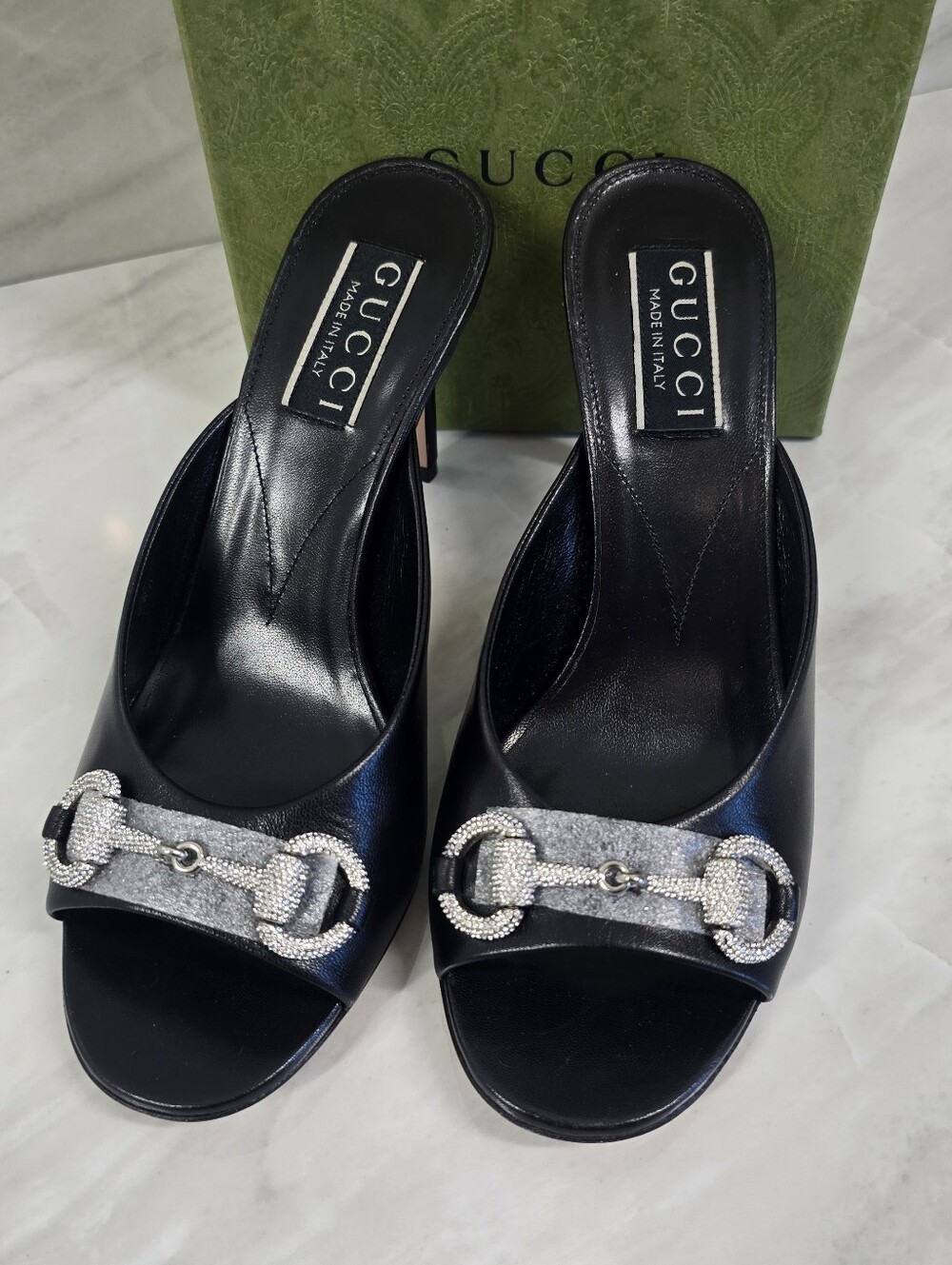 Gucci Black Leather Heels with Crystal Horsebit Accent